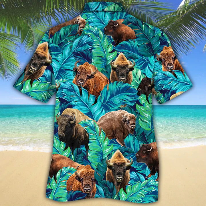 Bison Lovers Hawaiian Shirt/ Animal Cow Hawaiian Shirt Men/ Short Sleeve Hawaiian Aloha Shirt