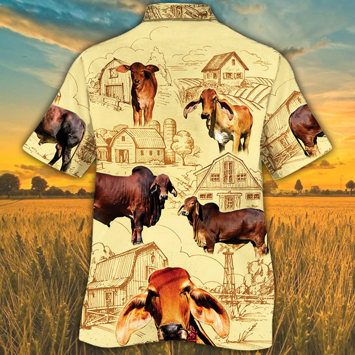 Farm Cow Short Sleeve Hawaiian Aloha Shirt for Men Women/ Red Angus Cattle Lovers Farm Hawaiian Shirt