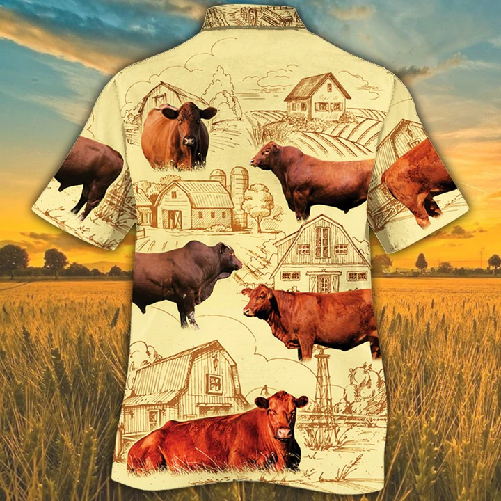 Red Angus Cattle 2 Lovers Farm Hawaiian Shirt/ Farm Cow Short Sleeve Hawaiian Aloha Shirt for Men/ Women