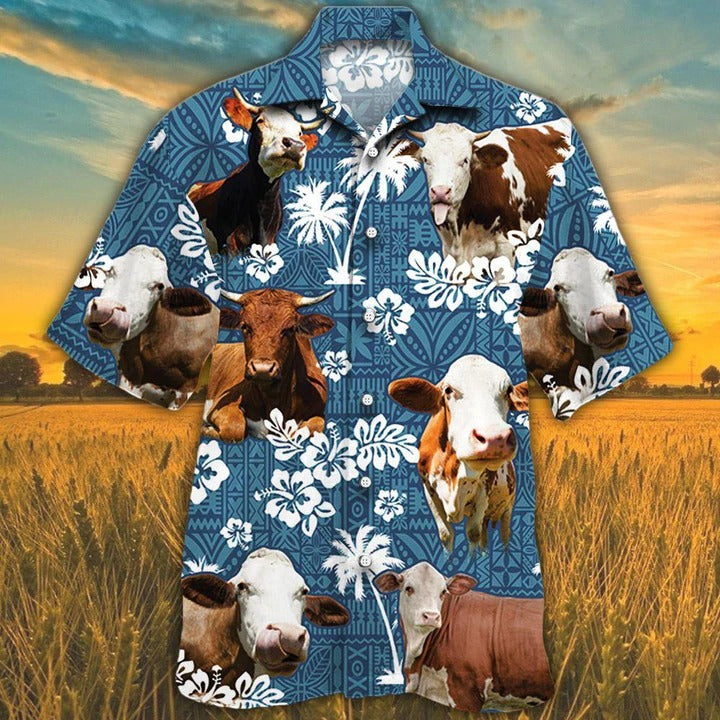 Simmental Cattle Lovers Blue Tribal Pattern Hawaiian Shirt/ Unisex Print Aloha Short Sleeve Casual Shirt