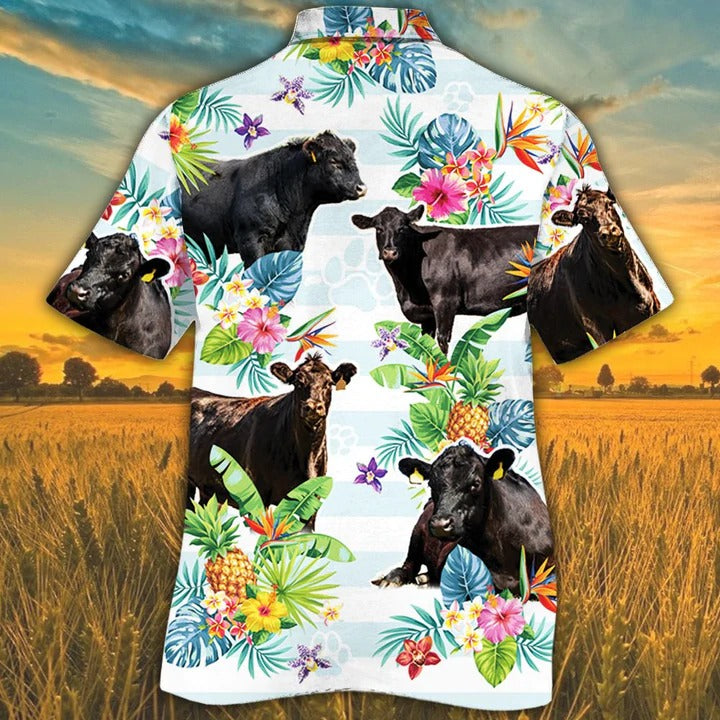 Black Angus Cattle Lovers Tropical Flower Hawaiian Shirt/ Cow Aloha Short Sleeve Casual Hawaiian Shirt