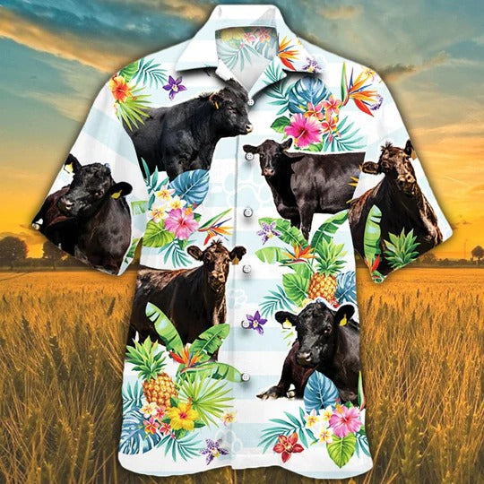 Black Angus Cattle Lovers Tropical Flower Hawaiian Shirt/ Cow Aloha Short Sleeve Casual Hawaiian Shirt