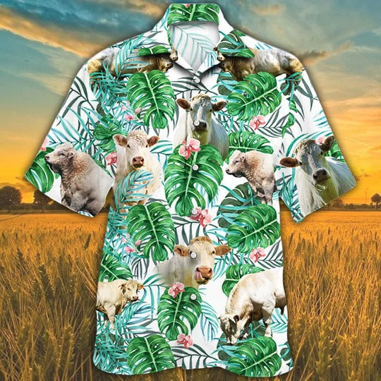 Charolais Cattle Lovers Tropical Plant Hawaiian Shirt/ Unisex Print Aloha Short Sleeve Casual Shirt