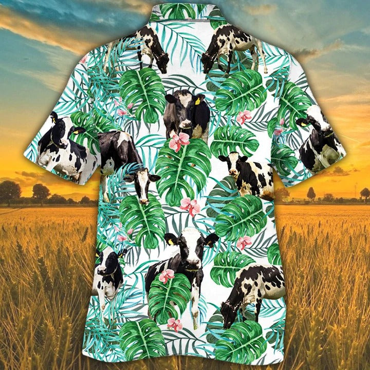 Holstein Friesian Cattle Lovers Tropical Plant Hawaiian Shirt/ Unisex Print Aloha Short Sleeve Casual Shirt
