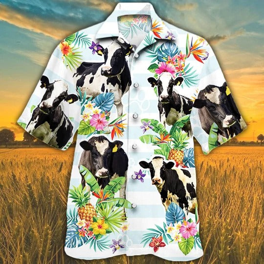 Holstein Friesian Cattle Lovers Tropical Flower Hawaiian Shirt/ Unisex Print Aloha Short Sleeve Casual Shirt