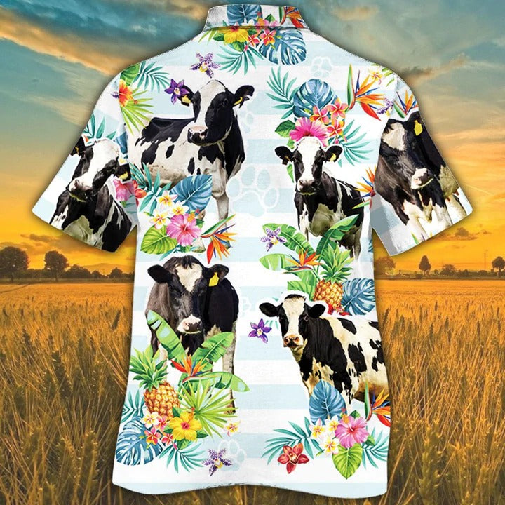 Holstein Friesian Cattle Lovers Tropical Flower Hawaiian Shirt/ Unisex Print Aloha Short Sleeve Casual Shirt