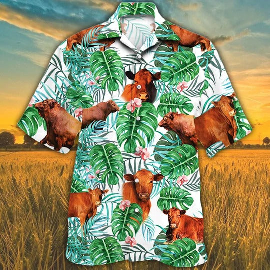 Red Angus Cattle Lovers Tropical Plant Hawaiian Shirt/ Unisex Print Aloha Short Sleeve Casual Shirt