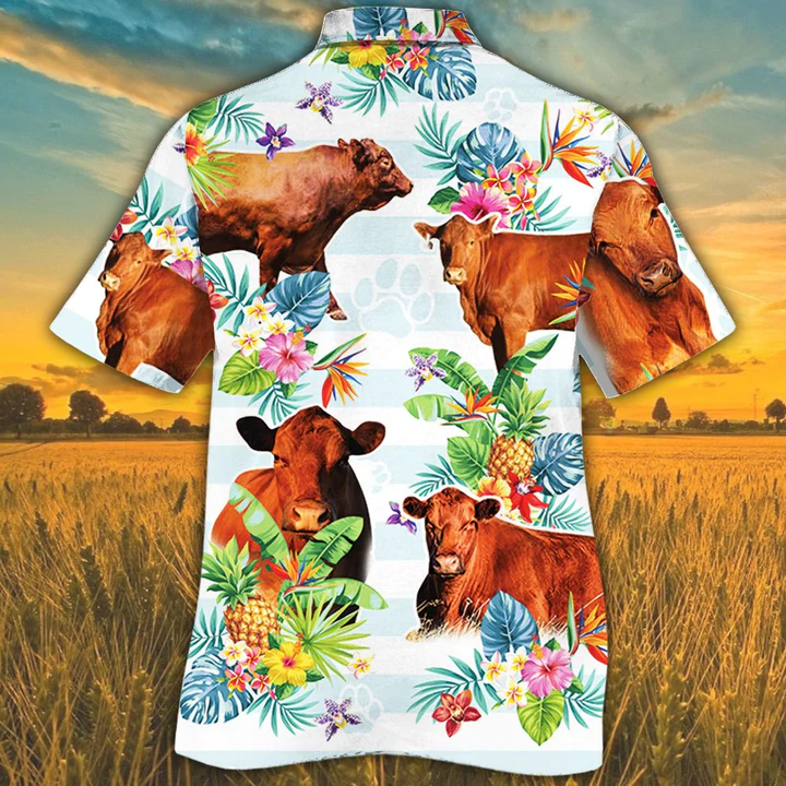 Red Angus Cattle Tropical Flower Hawaiian Shirt for men/ women/ Cow Summer Hawaiian Shirt