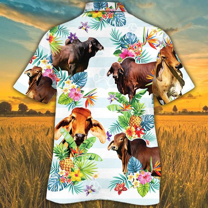 Red Brahman Cattle Lovers Tropical Flower Hawaiian Shirt/ Cow Summer Hawaiian Shirt