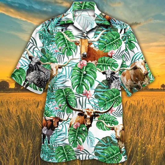 Tx Longhorn Cattle Lovers Tropical Plant Hawaiian Shirt/ Unisex Print Aloha Short Sleeve Casual Shirt