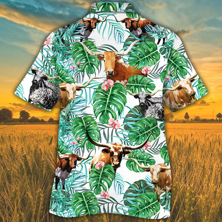 Tx Longhorn Cattle Lovers Tropical Plant Hawaiian Shirt/ Cow Hawaiian shirt/