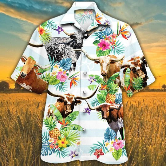 Tx Longhorn Cattle Lovers Tropical Flower Hawaiian Shirt/ Unisex Print Aloha Short Sleeve Casual Shirt