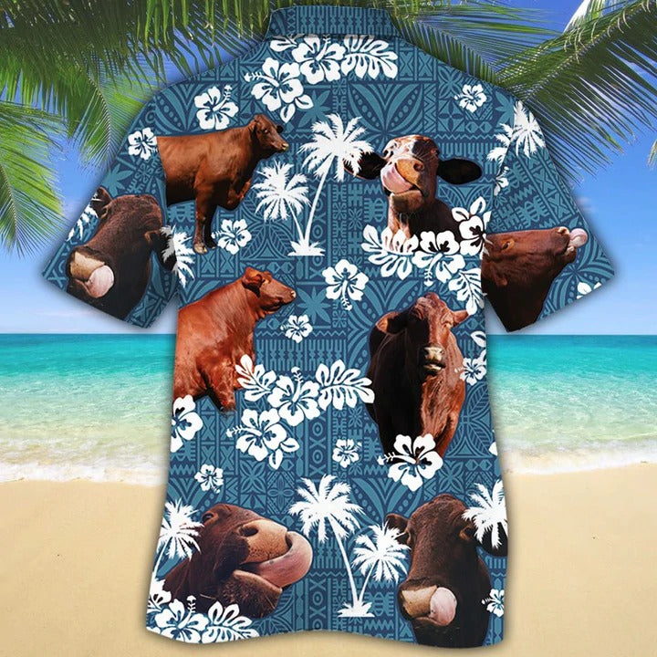 Santa Gertrudis Cattle Lovers Blue Tribal Pattern Hawaiian Shirt/ Unisex Print Aloha Short Sleeve Casual Shirt