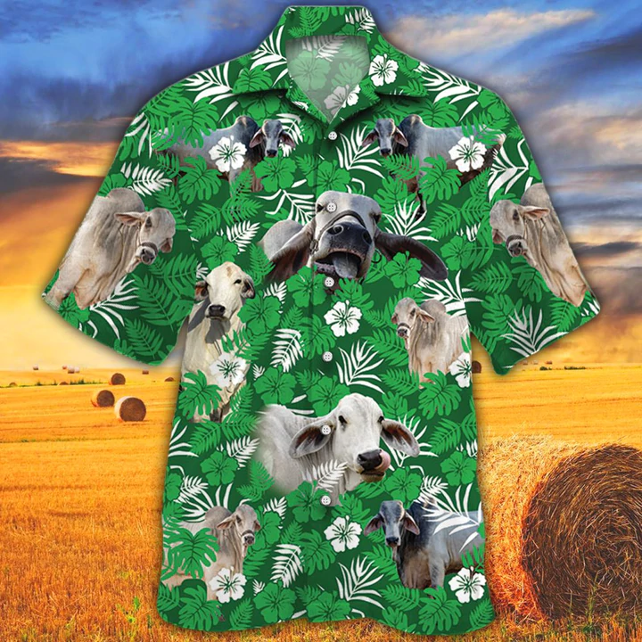 Cow Tropical Cow Men Hawaiian Shirts - Brahman Cattle Lovers Green Floral Pattern Hawaiian Shirt