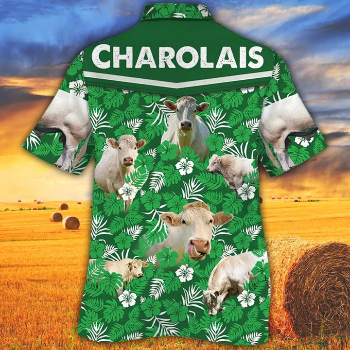 Cow Hawaiian Shirts for Men Women - Charolais Cattle Lovers Green Floral Pattern Hawaiian Shirt