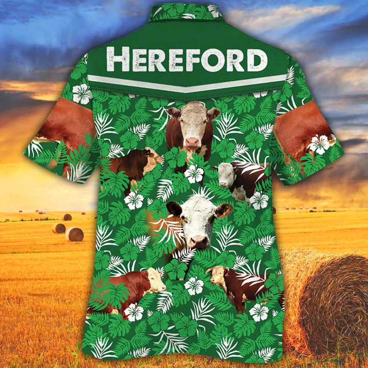 Cow Hawaiian Shirts for Men women - Hereford Cattle Lovers Green Floral Pattern Hawaiian Shirt