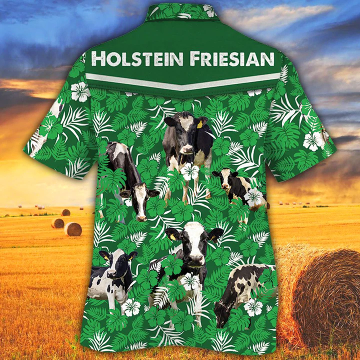 Cow Lovers Farm Cattle Mens Hawaiian Shirt - Holstein Friesian Cattle Lovers Green Floral Pattern Hawaiian Shirt