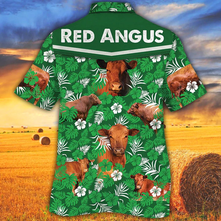 Cow Hawaiian Shirts for Men women - Vintage Farm Hawaiian Shirts/ Red Angus Cattle Lovers Green Floral Pattern Hawaiian Shirt
