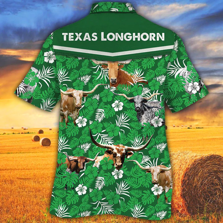 Tx Longhorn Cattle Lovers Green Floral Pattern Hawaiian Shirt/ Cow men