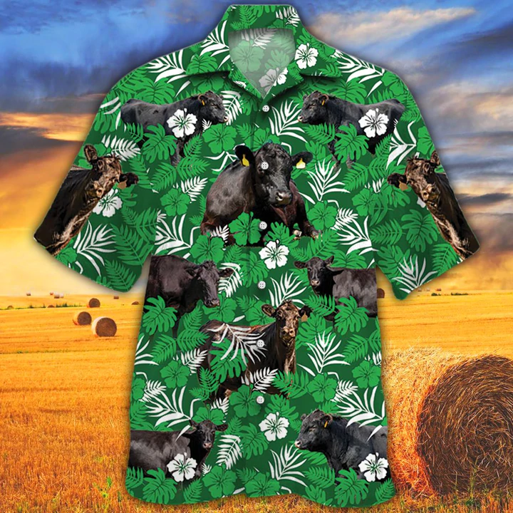 Cow Lover Hawaiian Shirts for Men women - Black Angus Cattle Lovers Green Floral Pattern Hawaiian Shirt