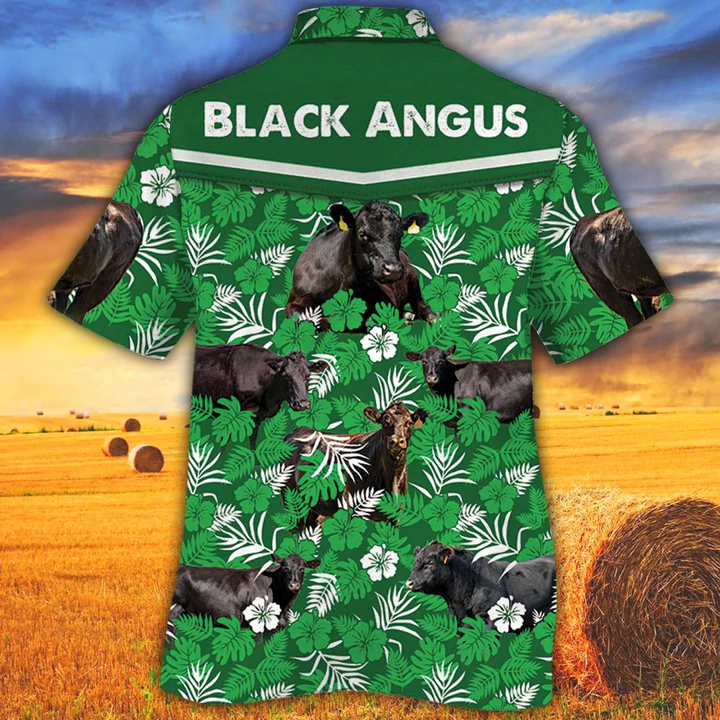 Cow Lover Hawaiian Shirts for Men women - Black Angus Cattle Lovers Green Floral Pattern Hawaiian Shirt