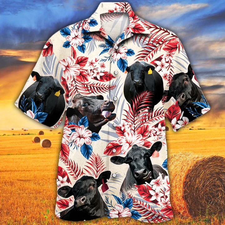 Black Angus Cattle Lovers Texas Flag Hawaiian Shirt/ Cow Hawaiian shirt vintage flower/ Hawaiian shirt men/ Hawaiian shirt women