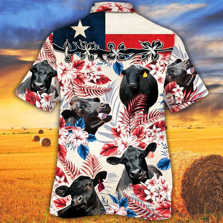 Black Angus Cattle Lovers Texas Flag Hawaiian Shirt/ Unisex Print Aloha Short Sleeve Casual Shirt