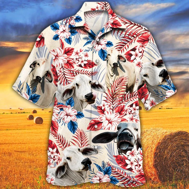 Brahman Cattle Lovers Texas Flag Hawaiian Shirt/ Unisex Print Aloha Short Sleeve Casual Shirt