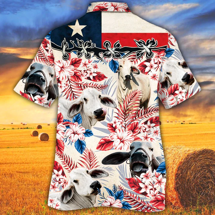 Brahman Cattle Lovers Texas Flag Hawaiian Shirt/ Cow Flower aloha shirt/ Hawaiian shirt Men/ Women