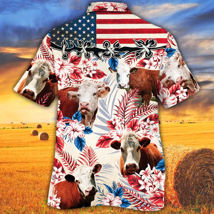 Hereford Cattle Lovers American Flag Hawaiian Shirt/ Cow Flower aloha shirt/ Hawaiian shirt Men/ Women