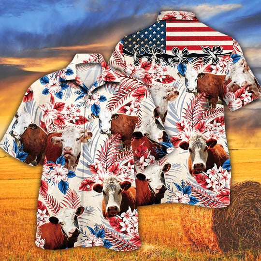 Hereford Cattle Lovers American Flag Hawaiian Shirt/ Unisex Print Aloha Short Sleeve Casual Shirt