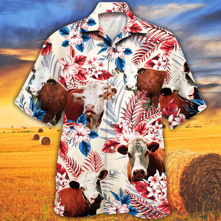 Hereford Cattle Lovers Texas Flag Hawaiian Shirt/ Cow Flower aloha shirt/ Hawaiian shirt Men/ Women