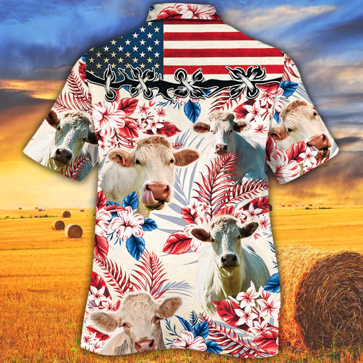 Charolais Cattle Lovers American Flag Hawaiian Shirt/ Cow Flower aloha Hawaiian shirt/ Cow Hawaiian shirt vintage/ Hawaiian shirt men
