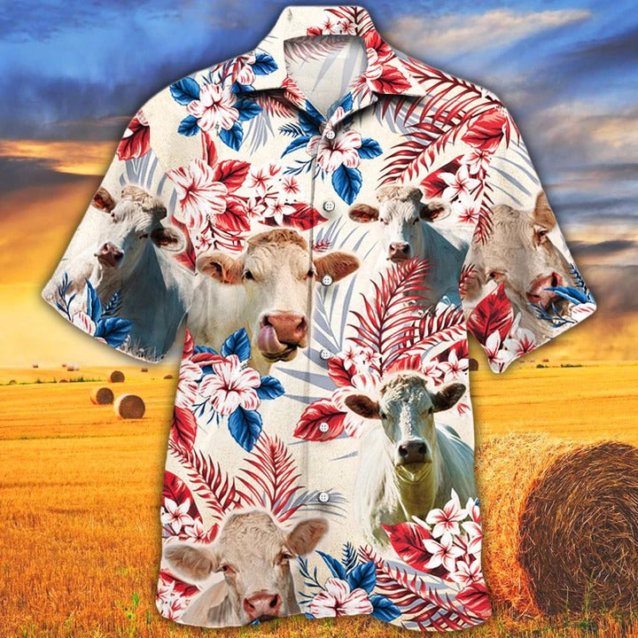 Charolais Cattle Lovers American Flag Hawaiian Shirt/ Unisex Print Aloha Short Sleeve Casual Shirt