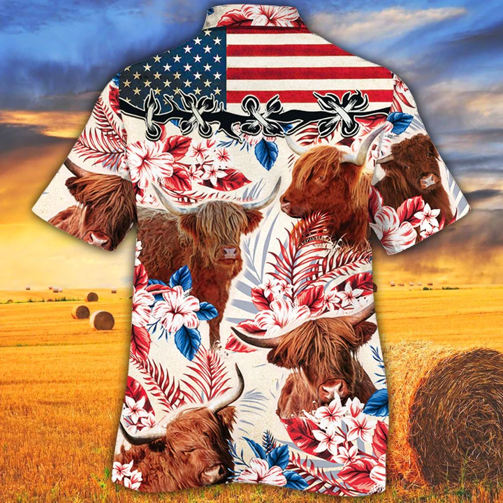 Highland Cattle Lovers American Flag Hawaiian Shirt/ Cow Flower aloha shirt/ Hawaiian shirt Men/ Women