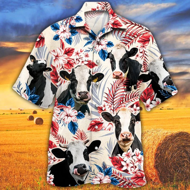 Holstein Friesian Cattle Lovers American Flag Hawaiian Shirt/ Unisex Print Aloha Short Sleeve Casual Shirt