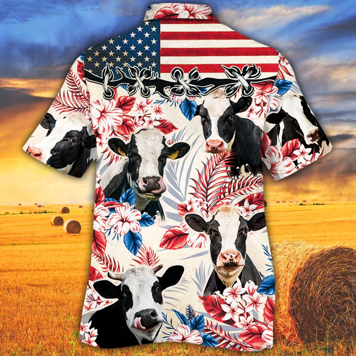 Holstein Friesian Cattle Lovers American Flag Hawaiian Shirt/ Cow aloha Hawaiian shirt/ Cow Hawaiian shirt vintage/ Hawaiian shirt men