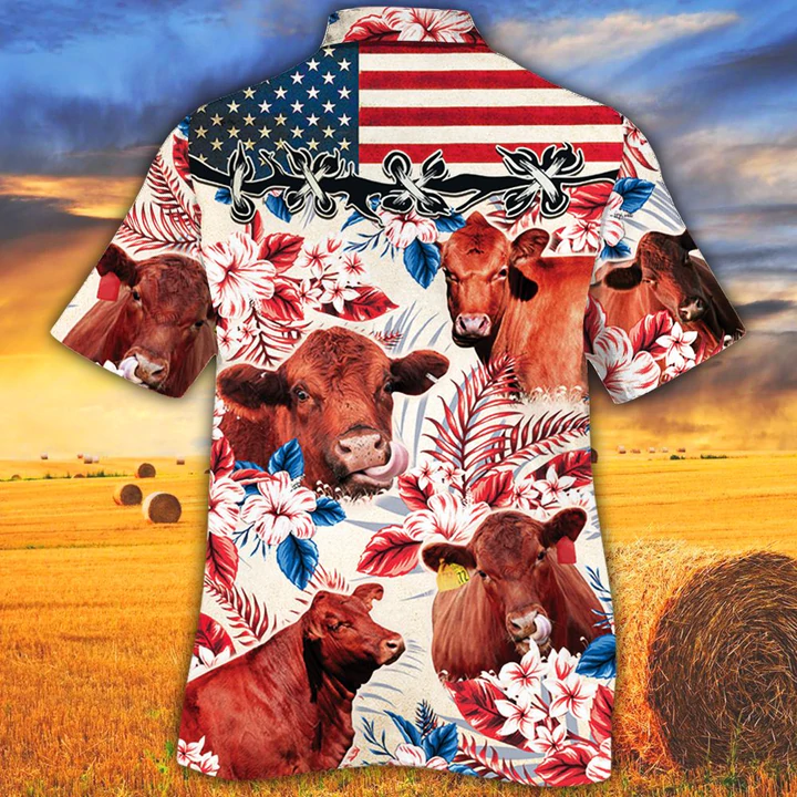 Red Angus Cattle Lovers American Flag Hawaiian Shirt/ Cow aloha hawaiian shirt