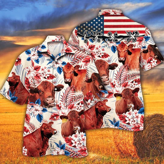 Red Angus Cattle Lovers American Flag Hawaiian Shirt/ Unisex Print Aloha Short Sleeve Casual Shirt