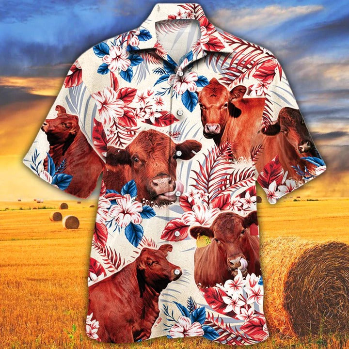 Red Angus Cattle Lovers American Flag Hawaiian Shirt/ Unisex Print Aloha Short Sleeve Casual Shirt