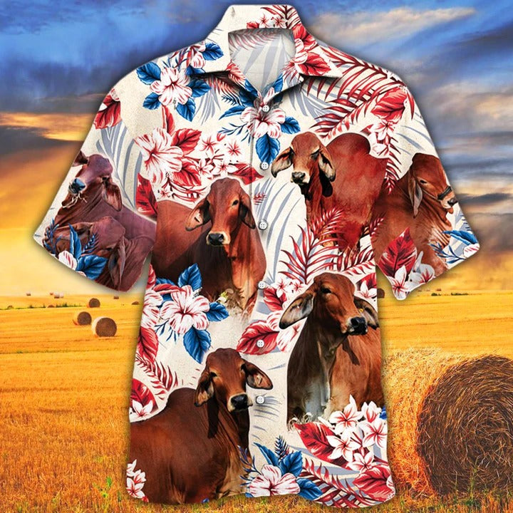 Red Brahman Cattle Lovers American Flag Hawaiian Shirt/ Unisex Print Aloha Short Sleeve Casual Shirt