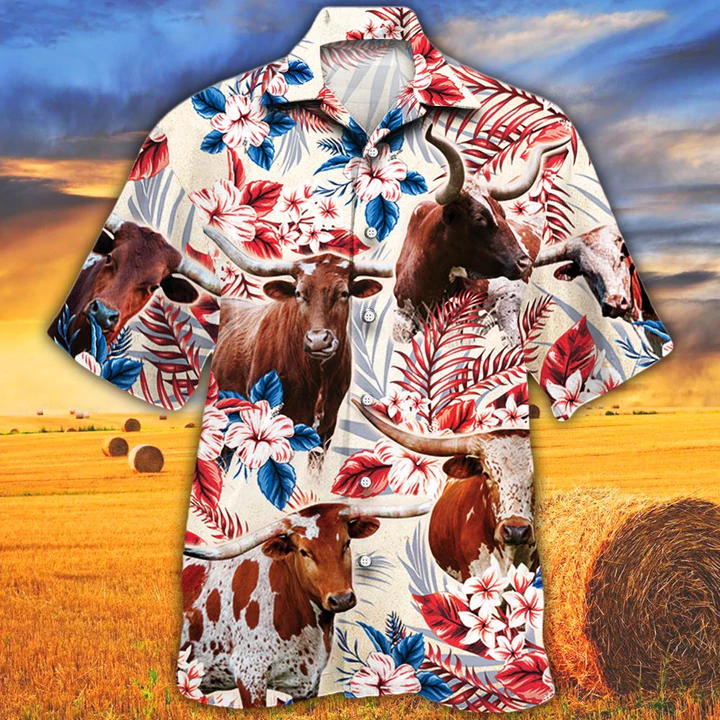Tx Longhorn Cattle Lovers American Flag Hawaiian Shirt/ Cow Hawaiian shirt vintage flower/ Hawaiian shirt men/ Hawaiian shirt women