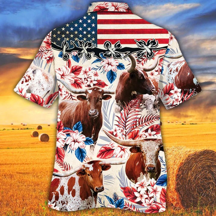 Tx Longhorn Cattle Lovers American Flag Hawaiian Shirt/ Unisex Print Aloha Short Sleeve Casual Shirt