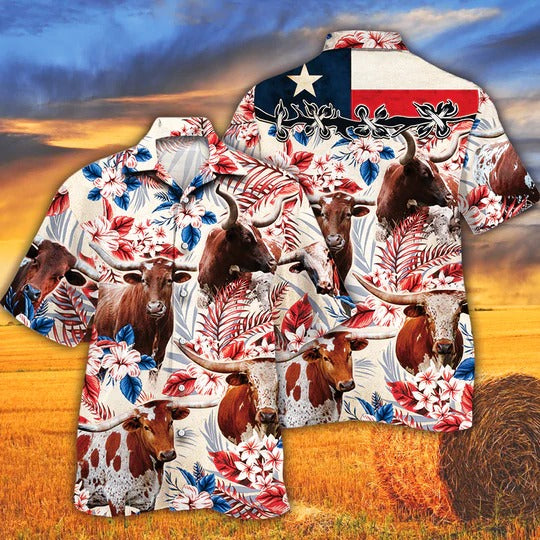 Tx Longhorn Cattle Lovers Texas Flag Hawaiian Shirt/ Unisex Print Aloha Short Sleeve Casual Shirt