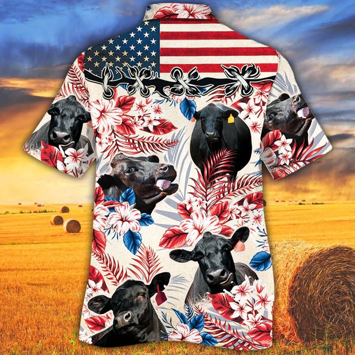 Black Angus Cattle Lovers American Flag Hawaiian Shirt/ Unisex Print Aloha Short Sleeve Casual Shirt