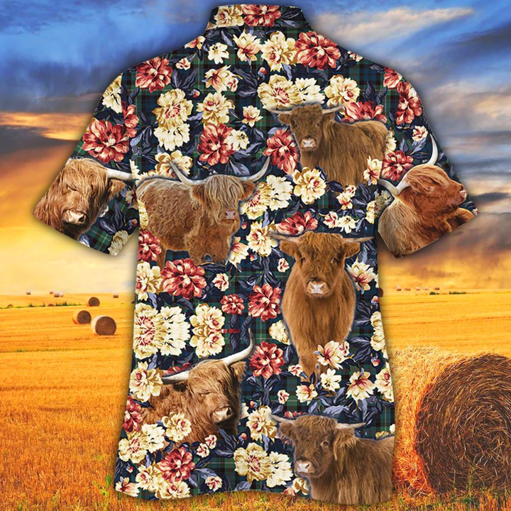 Cow Hawaiian shirts for Men women/ Summer Hawaiian shirt/ Animal shirt/ Highland Cattle Lovers Green Plaid Pattern Hawaiian Shirt
