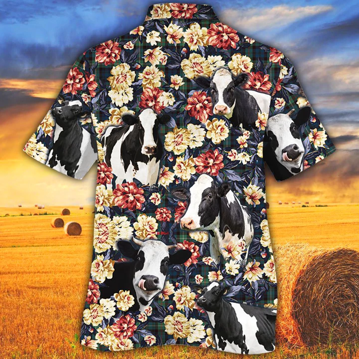 Cow Hawaiian shirt/ Summer Hawaiian shirt/ Animal shirt/ Holstein Friesian Cattle Green Plaid Pattern Hawaiian Shirt