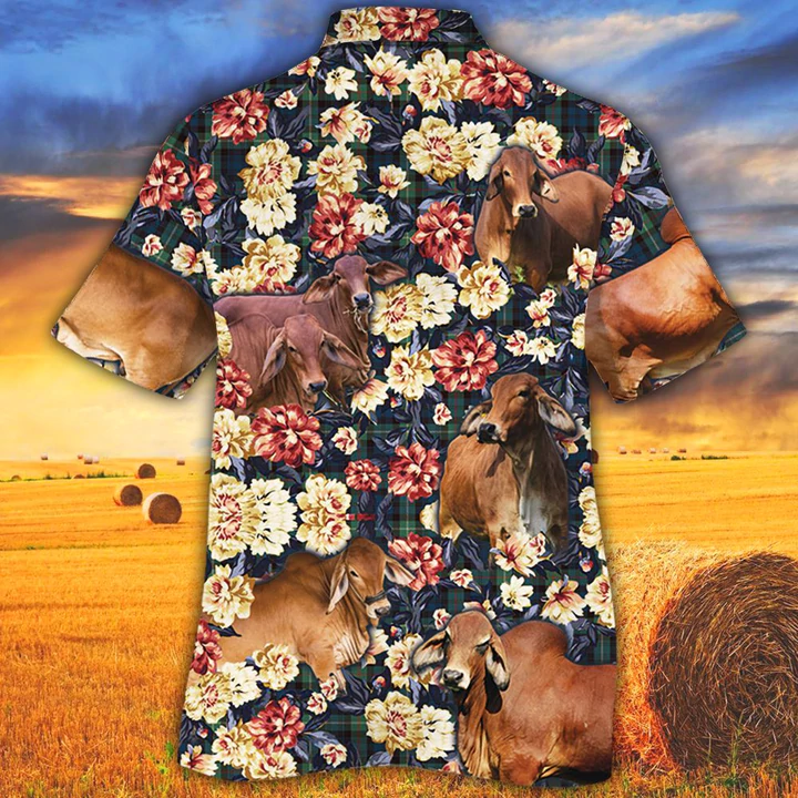 Cow Hawaiian shirt/ Farm Hawaiian shirt/ Summer Hawaiian shirt/ Red Brahman Green Plaid Pattern Hawaiian Shirt