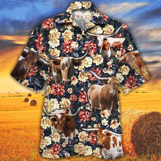 Tx Longhorn Cattle Lovers Green Plaid Pattern Hawaiian Shirt/ Unisex Print Aloha Short Sleeve Casual Shirt