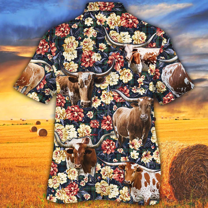 Cow Hawaiian shirt/ Tx Longhorn Cattle Lovers Green Plaid Pattern Hawaiian Shirt/ Summer Hawaiian shirt/ Animal shirt